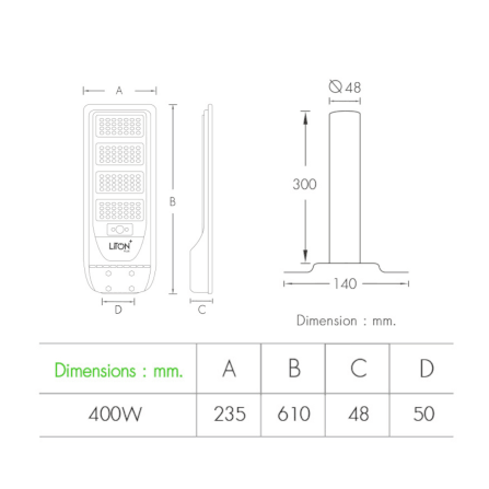 ชุดโคมถนนโซล่า LITON+  รุ่น THUNDER พร้อมขาจับโคม 400 วัตต์_7